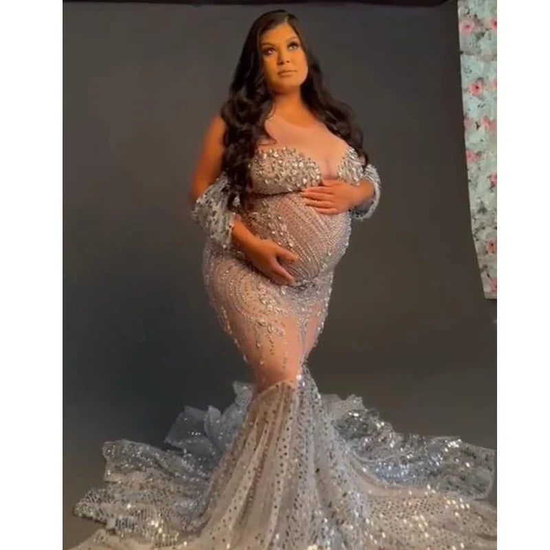nvxiot - Shiny Stones Maternity Photo Dress Diamonds Embellished Women Sexy Nude Long Dress Luxury Evening Dresses