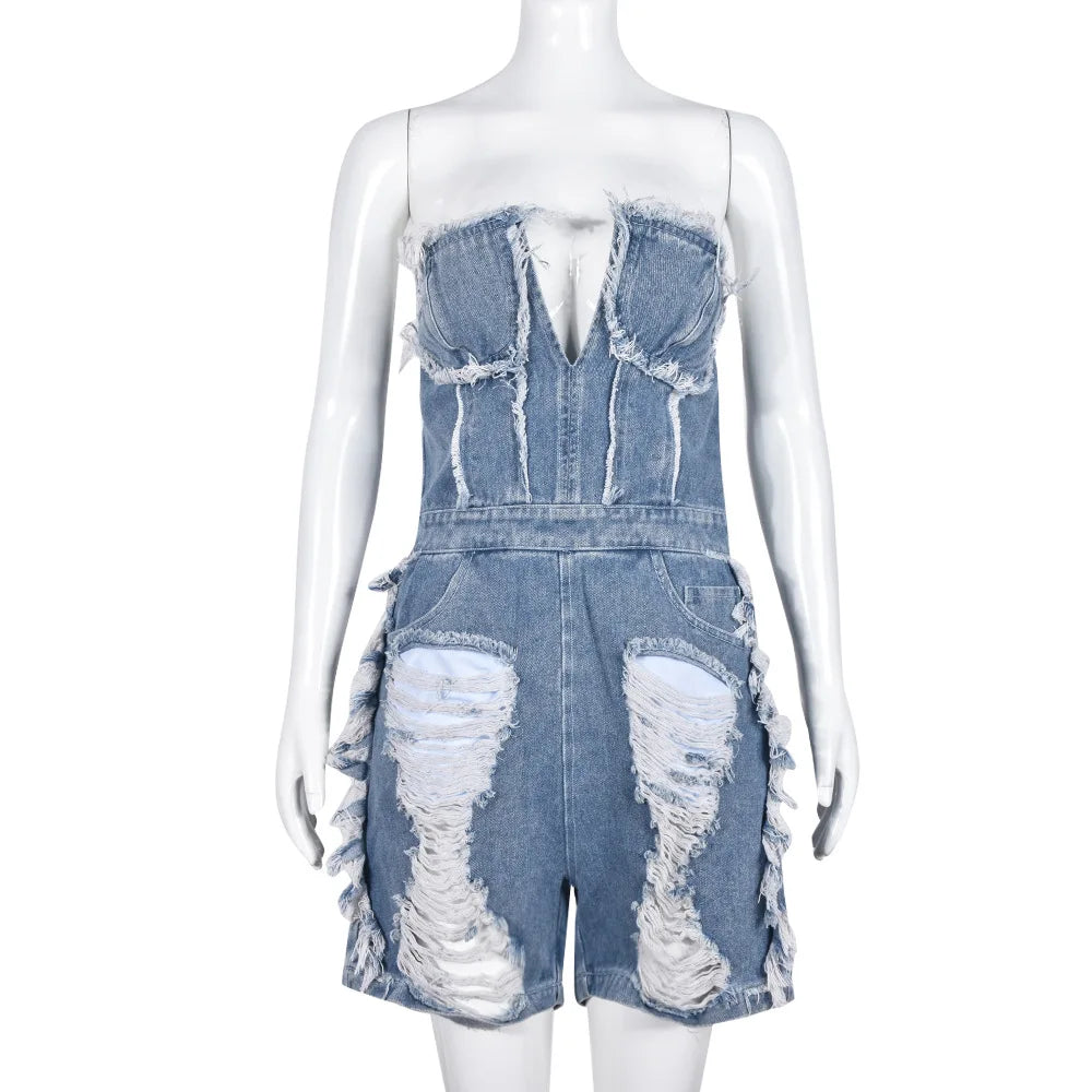 nvxiot - Women Fashion Hole Tassel Denim Playsuits Rompers V-neck Strapless Zipper Backless Pockets Casual Streetwear Jeans Overalls