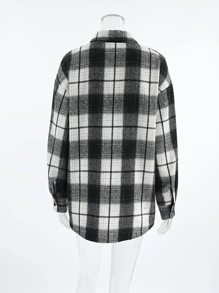 MQTIME - 2024 Women Autumn Winter Black Plaid Thick Shirt Vintage Oversized Long Sleeve Loose Fit Blouse For Woman