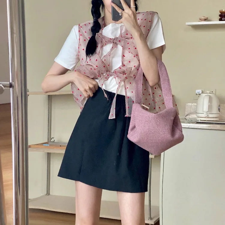 nvxiot - Polka Dot Gauze Tops Lace Bow Design Waistcoat White Short-sleeved T-shirt Fold Wear Tees Summer Sweet Fashion Camisas