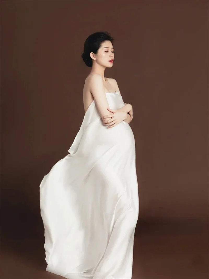 nvxiot - White Maternity Photography Props Maxi Maternity Gown Silk Cloth Maternity Dress Elegant Satin Shooting Photo Pregnant Dress Plu