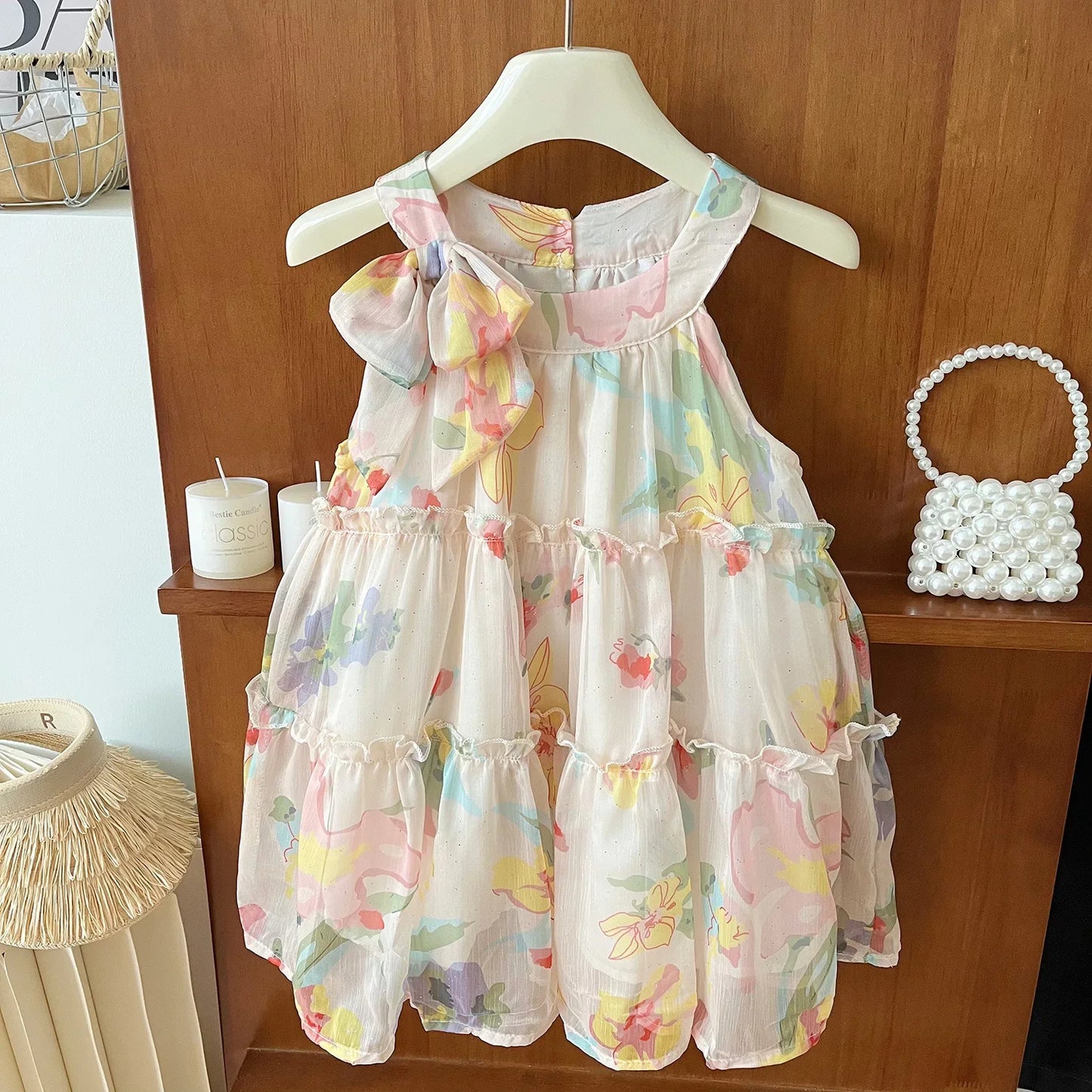 MQTIME - Summer Korean Children Girl Vestidos Cotton Sleeveless Floral Printed Baby Girls Dress Straps Tulle Toddler Girls Princess Dress