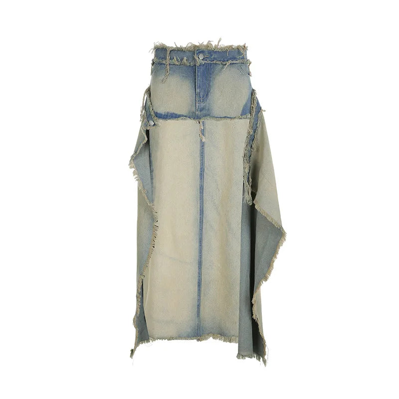 nvxiot - Women Washed Distressed Brushed Denim Maxi Skirts Tassel High Waist Button High Split Designer Casual Jeans Skirt Streetwear