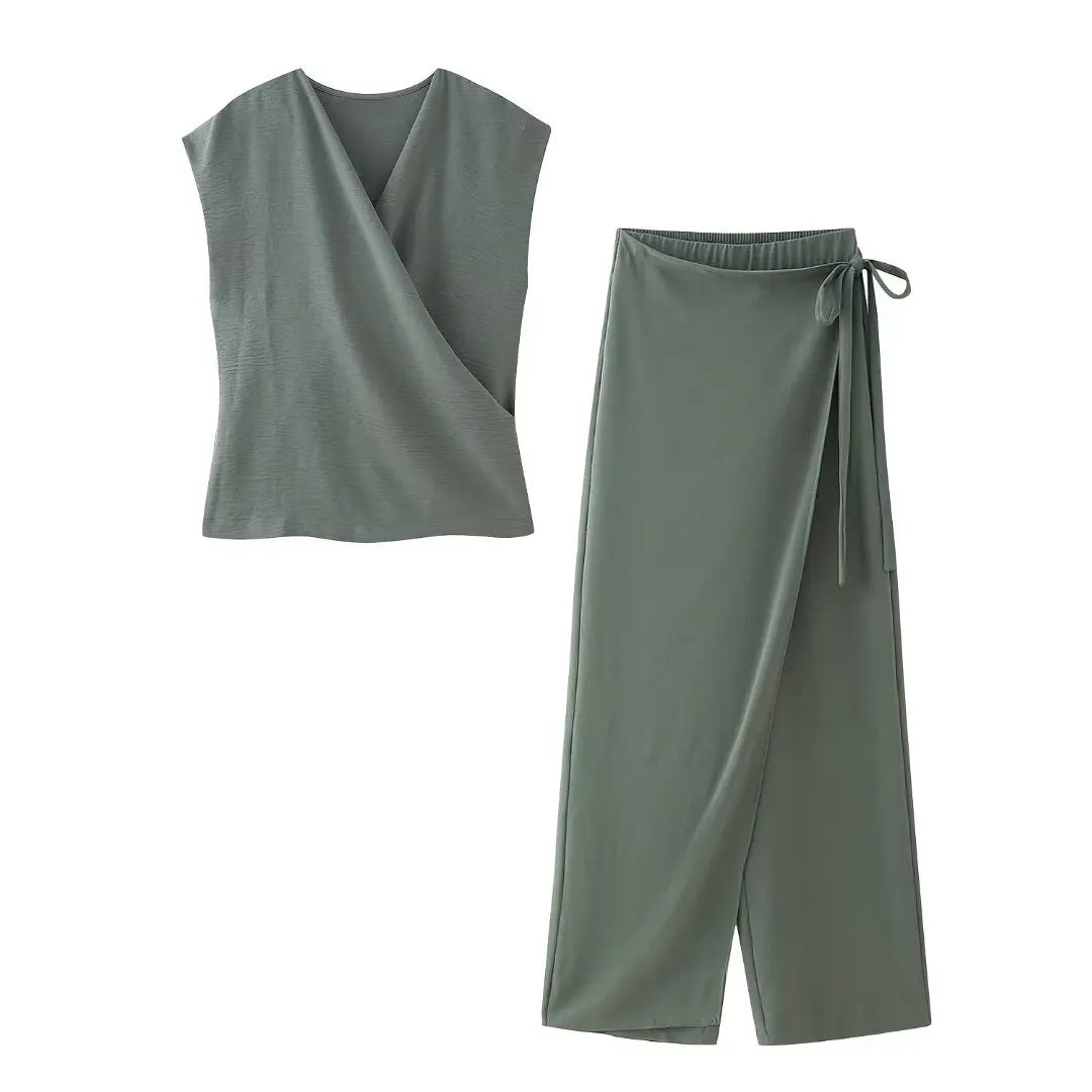MQTIME - Summer Women's New Suits Solid V-Neck Sleeveless Off Shoulder Top+Side Bow Lace-Up Decoration Elastic Waist Pant Mujer