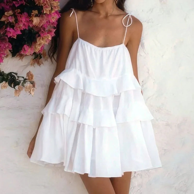 MQTIME - Summer Solid Color High Waist Mini Dress Fashion Casual Slash Neck Ruffles Sling Dress Female Cotton Backless Layered Cake Dress