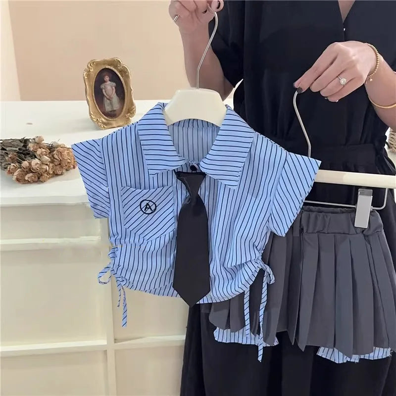 MQTIME - Children's Clothing Suit Summer Girl Campus Fashionable Stripe Flying Sleeve Shirt Top+ Irregular Short Skirt School Uniform