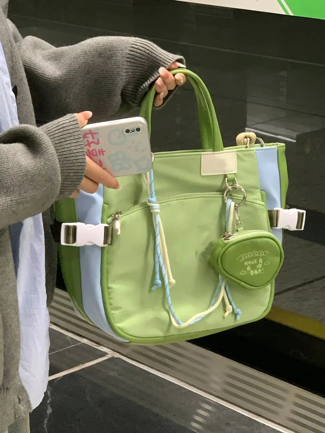 nvxiot - Green Casual Crossbody Bags Women Harajuku Aesthetic Zipper Chic Canvas Hand Bag Purse Female Vintage Messenger Bag Y2k