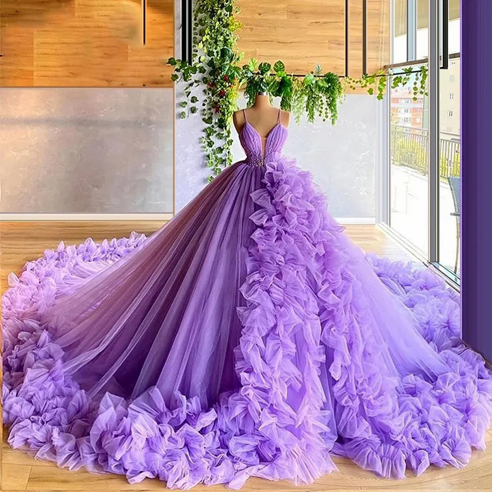 nvxiot - Ruffles Women Tulle Formal Party Gowns V Neck Long Evening Dresses 2024 Puffy Ball Gown Maternity Photo Dress