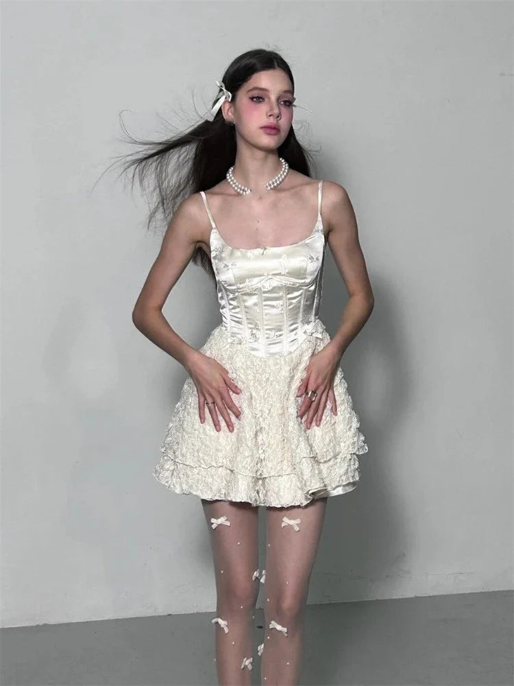 MQTIME - Y2K Short Dresses for Women Summer New High Waist White Lace Party Spaghetti Strap Streetwear Korean Ruffles A-line Mini Vestido