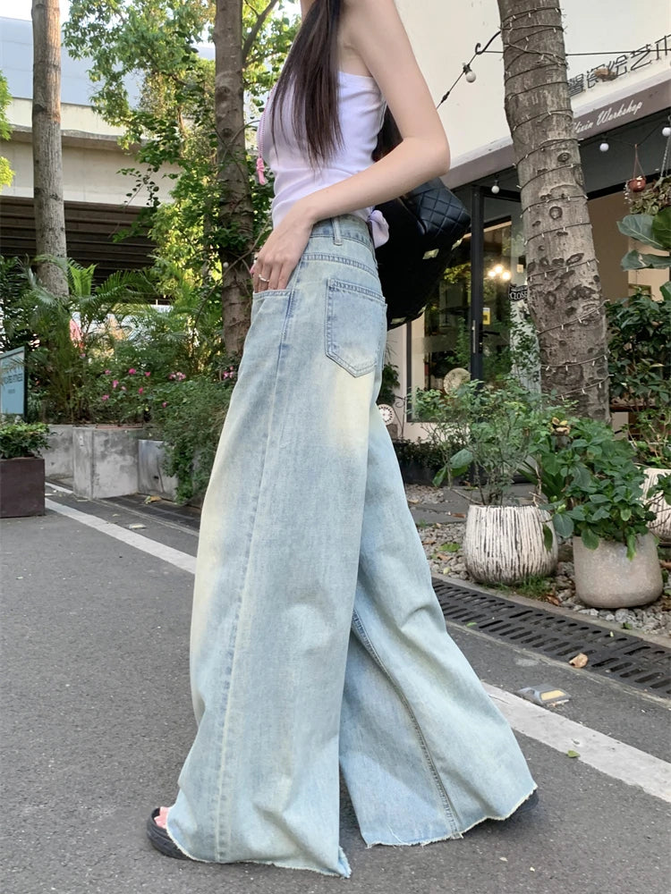 nvxiot - Women's A-line Wide Leg Blue Thin Jeans Young Girl Street Summer New Straight Baggy Bottoms Casual Trousers Female Loose Pants