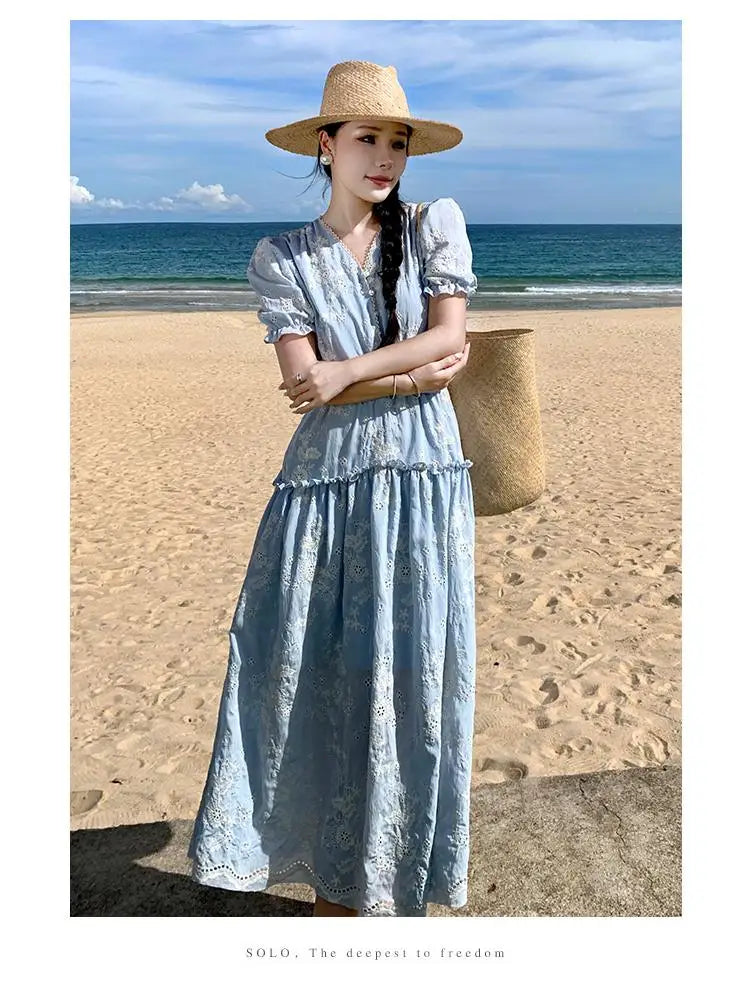 nvxiot - 2024 Summer Women Sweet Blue Splicing Short-sleeved Embroidered Pleated Dress V-neck High Waist Ruffles Party Long Dresses Boho