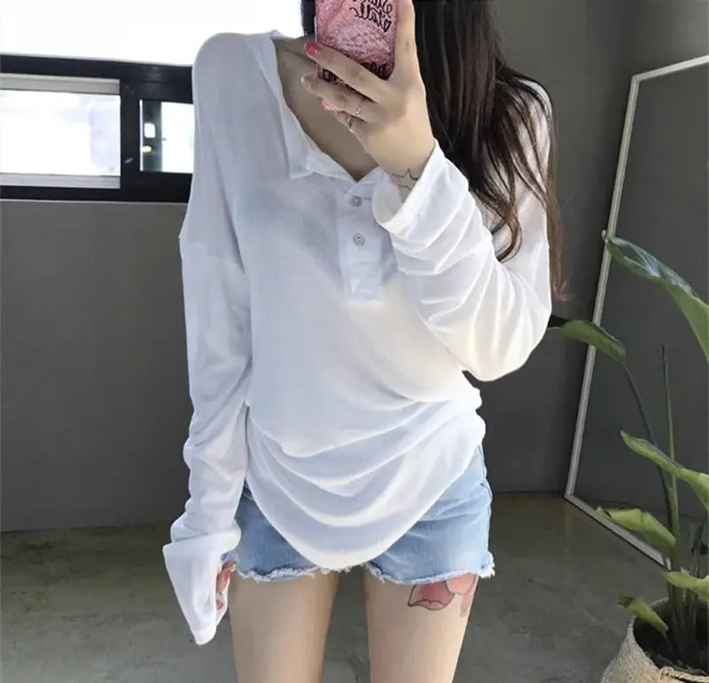 MQTIME - Lazy Style Long sleeved Polo Neck T-shirt Top Women Solid Versatile Loose Leisure Summer Sunscreen Bottom Shirt Women Clothing