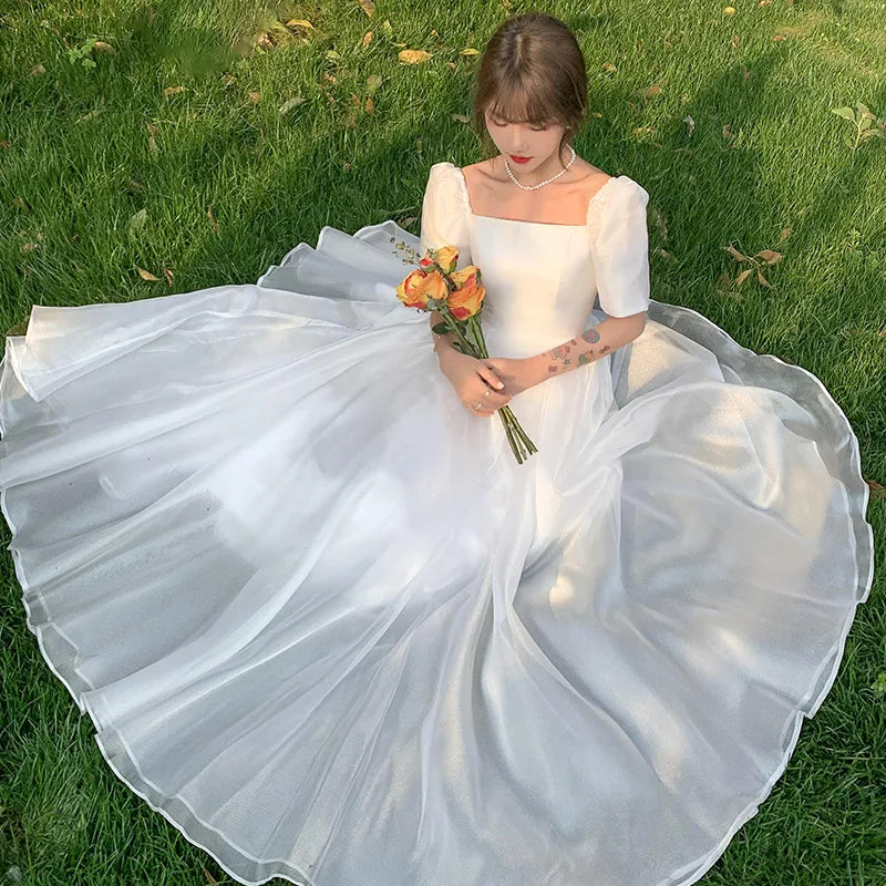 MQTIME - Wedding Party Dress Puff Sleeves French Style Simple Square Collar Dreamy Evening Dresses Grace Romantic Gentle Fashion Gown New