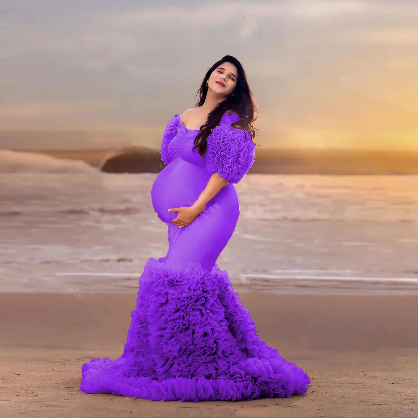 nvxiot - Women Dresses Stretchy Elegant Pink Mermaid Maternity Dress Half Sleeves Tulle Layered Maternity Gowns Off Shoulder