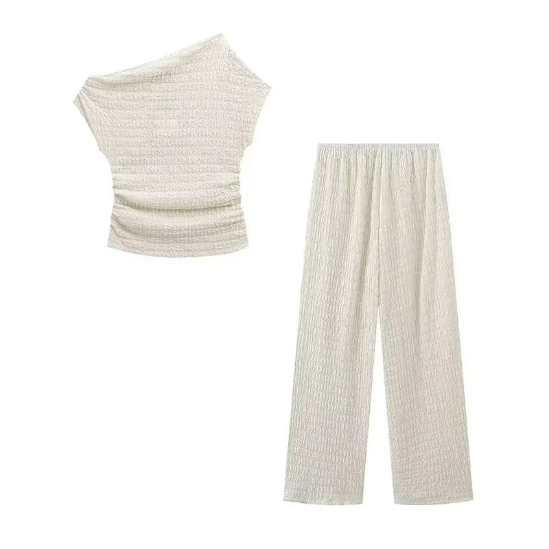 nvxiot - Off Shoulder Pant Suit Women Fold Sleeveless Top Wide Leg Pants Female Set 2024 Summer Fashion Solid Street 2 Pieces Sets