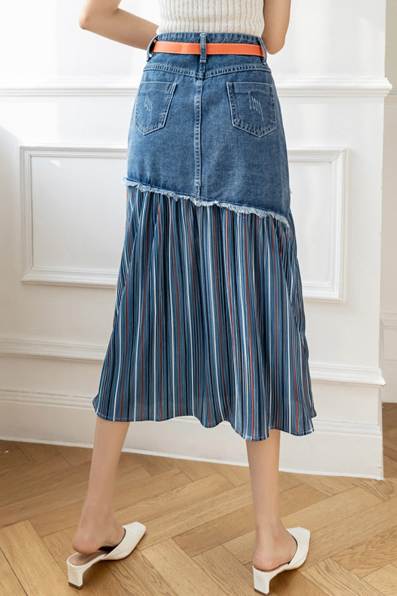 nvxiot Denim Skirt Summer Patchwork Pleated Jeans Skirt Women High Waist Vintage Elegant Korean Fashion Clothing Oversize A-LINE Button