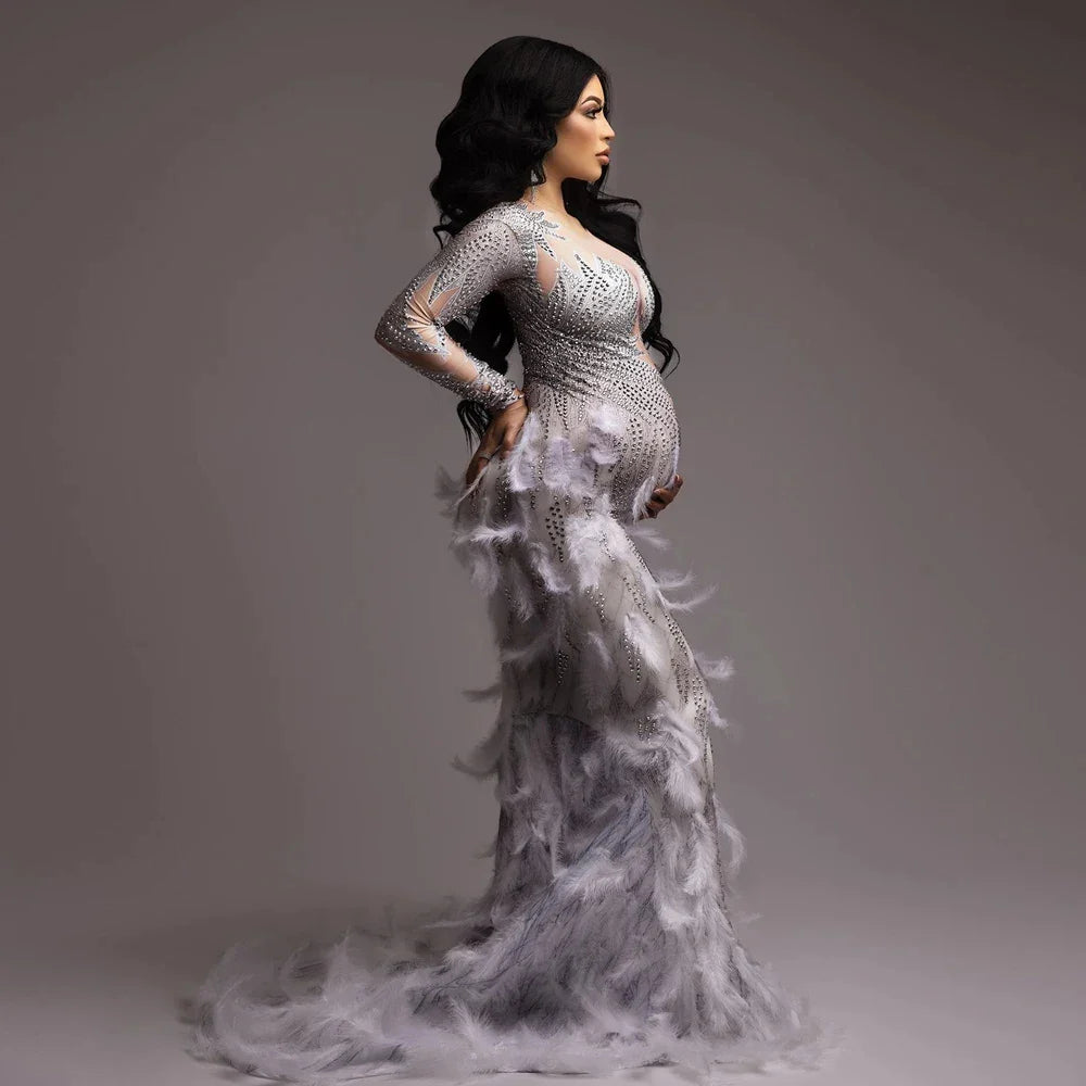 nvxiot - Maternity Photography Dress Rhinestone High Elastic Fabric Stitched Gauze Feather Skirt Sexy Maternity Dress For Photo Shooting