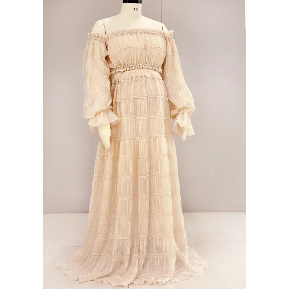 nvxiot - Maternity Gown For Photo Shoot Pleated Chiffon Sexy Off Shoulder Top Ruffled Split Dress Photo Shoot Photography Dress For Women