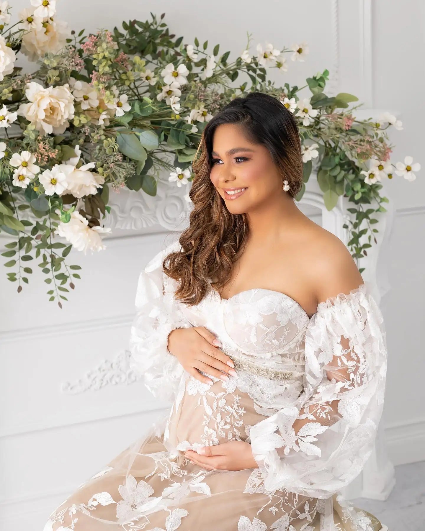 nvxiot - Bohemian Lace Maternity Evening Robes for Photo Shoot Fotos Gowns Long Sleeve Nightgown Baby Shower Dresses for Bride Party