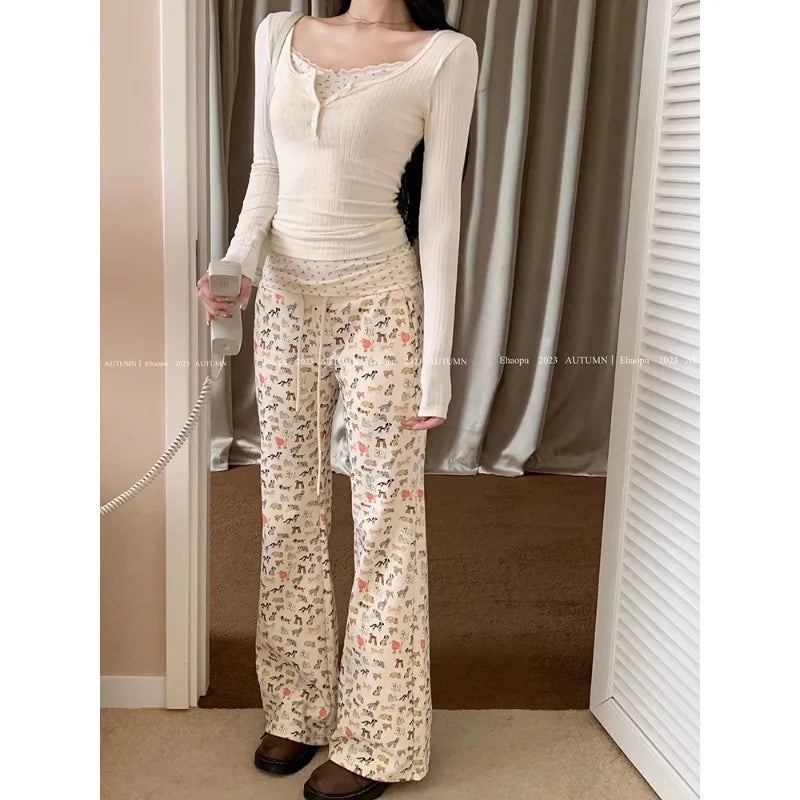 nvxiot 2024 Spring New Korean Contrast Color Patchwork Casual Long-sleeved T-shirt Women + Puppy Printed Wide Leg Pants Two-piece Suit