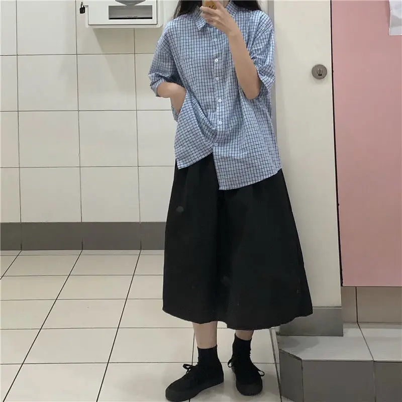 nvxiot - women summer casual plaid short sleeve blouse female oversize Japanese sweet botton shirts lady