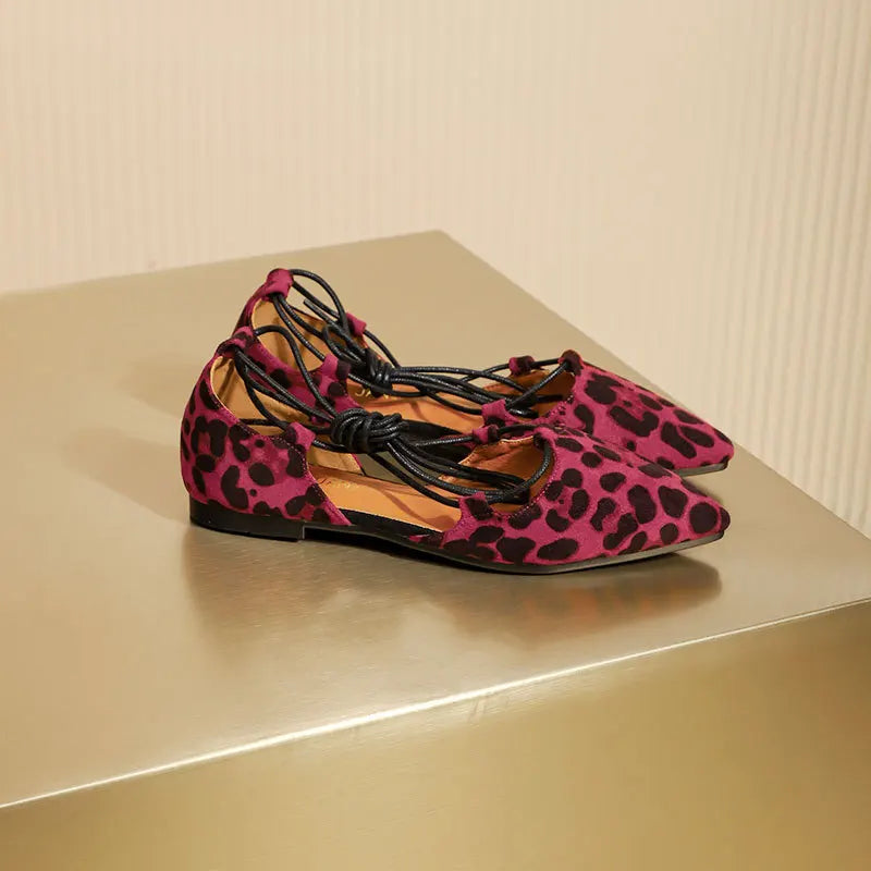 MQTIME - 2024 New Sexy Leopard Single Shoes Women Pointed Shallow Mouth Buckle Hollow Shoes Flats Zapatos De Mujer 41-43 Large Size