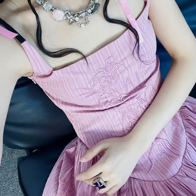 MQTIME - Midi Long Sleeveless Hollow Backless Sexy Elegant Pink Dress Women Maxi Dresses Summer y2k cloth fairycore 00s grunge aesthetic