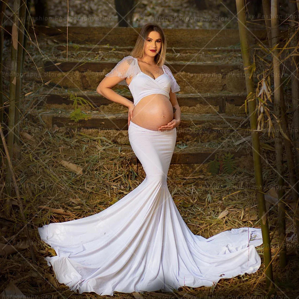 nvxiot - Maternity Photography Gown Two Piece Stretch Cotton Oversized Floor Sweeping Skirt Photo Shoot Dress For Pregnant Women