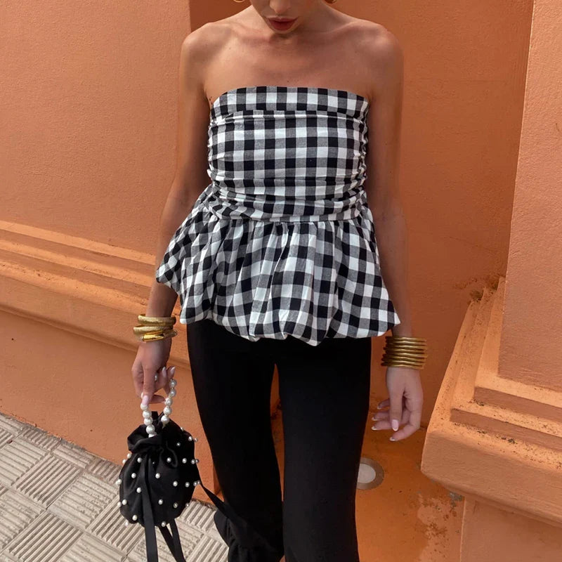nvxiot - Women's Sexy Off Shoulder Pleated Club Party Shirt Elegant Plaid Strapless Slim Blouses Fashion Lady Slash Neck Fluffy Short Top