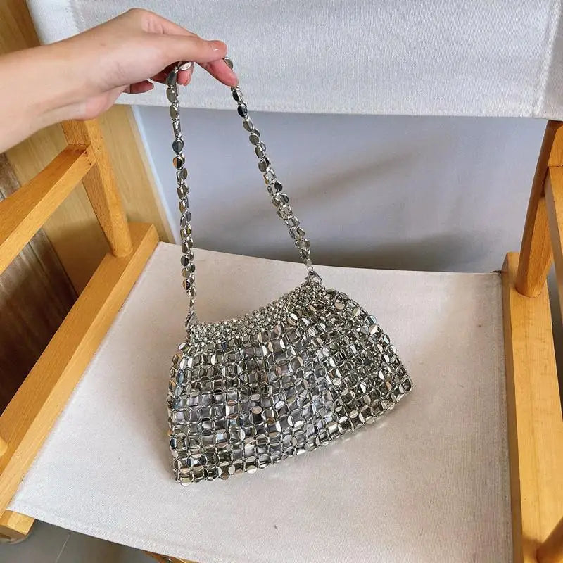 MQTIME - Vintage Handmade Ladies Handbag Weave Beaded Fashion Silver Color Shining Sequin Shoulder Bag Clutches Womens Party Handbag