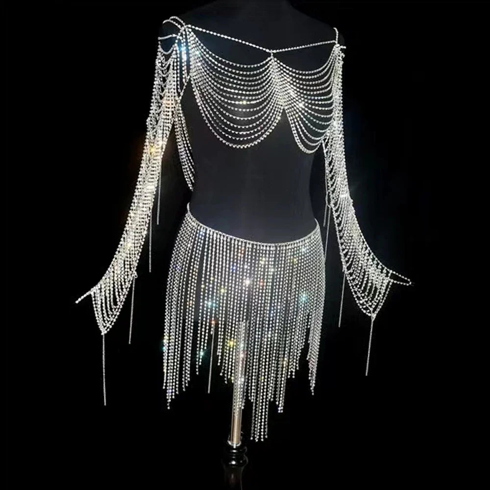 nvxiot - Sexy Luxury Maternity Photography Props Dresses Shiny Body Chain Rhinestone Tassel Skirt Photography Studio Accessories