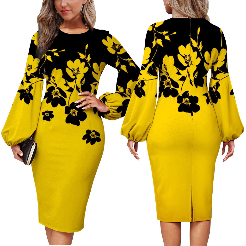 nvxiot Fashion Floral Print Dress Women Elegant O Neck Long Sleeve Party Robes Bodycon Lantern Sleeves African Printed Vestidos Autumn