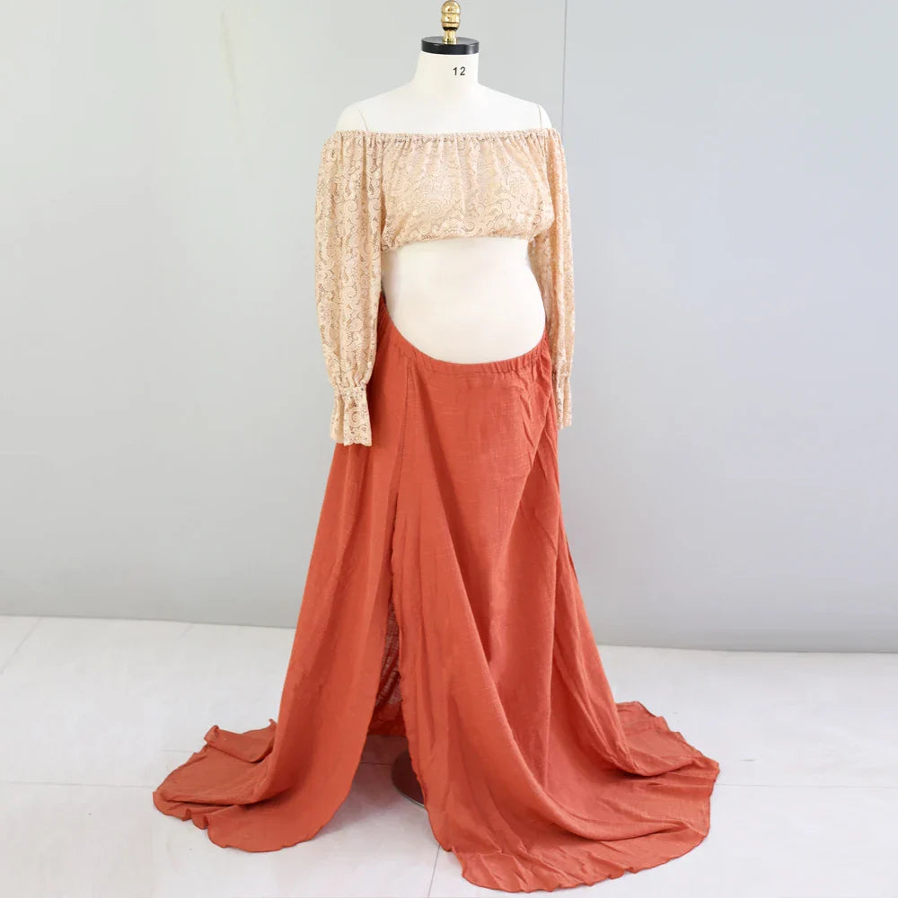 nvxiot - Maternity Dresses For Photo Shoot Two Piece Lace Top and Linen Cotton Skirt Vintage Boho Photography Dress for Baby Showers