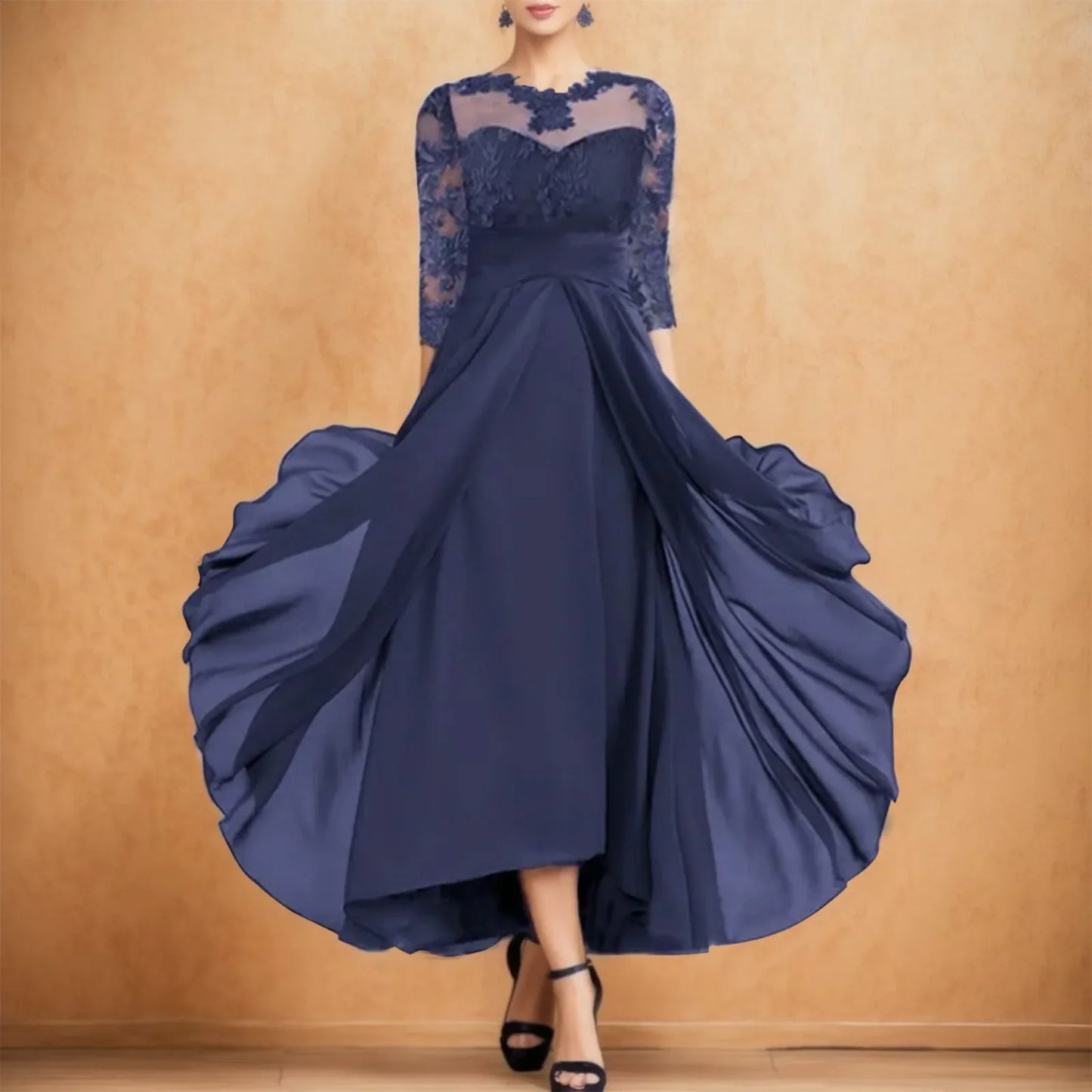 MQTIME - Elegant Lace Spliced Mother of the Bride Dresses Ladies High Waist Satin Evening Dress Classic Temperament Slim Long Dress 2024