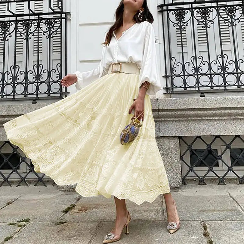 MQTIME - Elegant Embroidery Lace Swing Long Skirts 2024 Women Fashion Pleated Solid Party Skirt Summer Casual Loose Holiday White Skirts