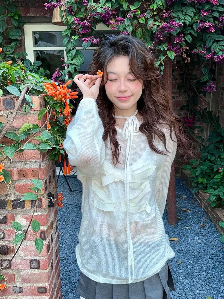 MQTIME - White Bow Slightly Transparent Knitted Long sleeved Cover up T-shirt Women Inner Wear with Straps Camisole Two Piece Set Fashion