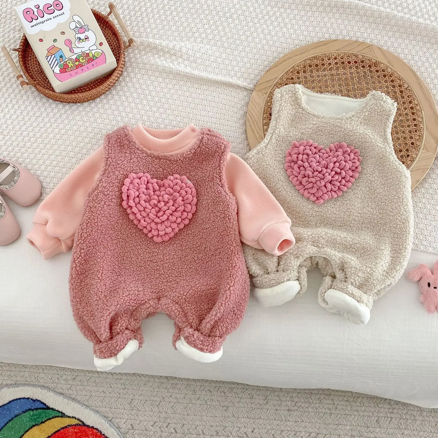 MQTIME - Autumn/Winter Baby Fleece Rompers 0-2 Y Infant Girls Sweet Heart Sleeveless Jumpsuit Toddler Warm Fur Outwear