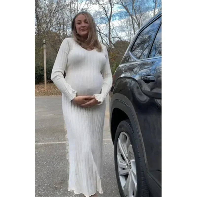 nvxiot - Maternity Women Ribbed Knit Maxi Dress Long Sleeve V Neck Slim Fit Bodycon Pencil Long Dress Party Clubwear Baby Show