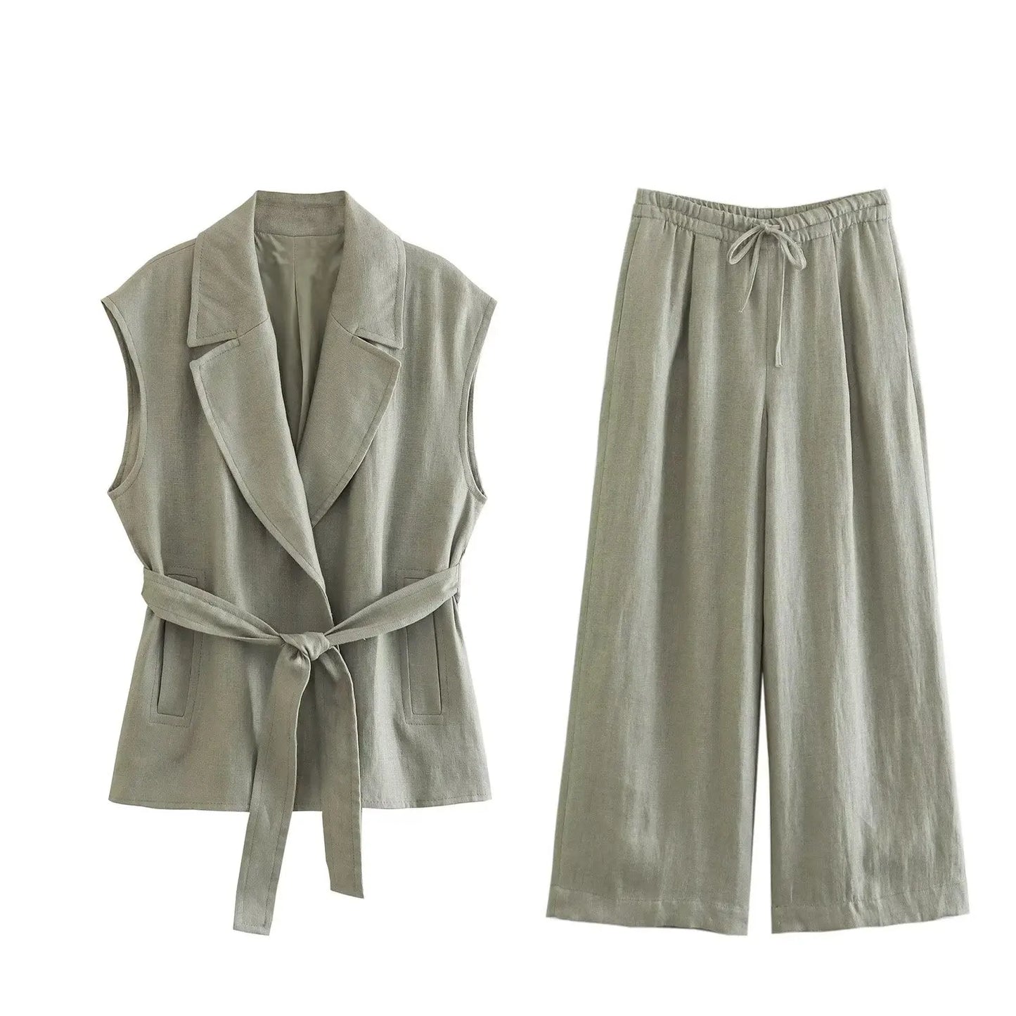 MQTIME - Elegant Women Vest Suit Lapel Sleeveless Vests Pocket Belt Slim Casual Coat+Vintage Drawstring Folds Slim Long Pant