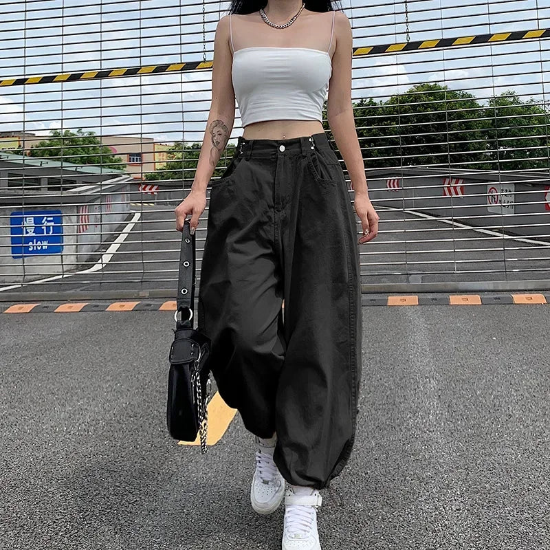 nvxiot - Women Y2K Khaki Adjustable Waist Oversized Cargo Pants Loose Fashion New Drawstring 90s Long Pant Fall Hip Hop Streetwear