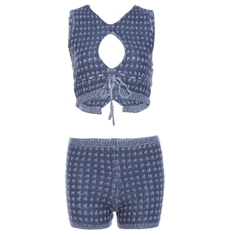 nvxiot - Women Casual Knit 2 Piece Set Hollow Out Lace Up Sleeveless Tanks Crop Top Elastic Waist Shorts Fashion Streetwear Tracksuits