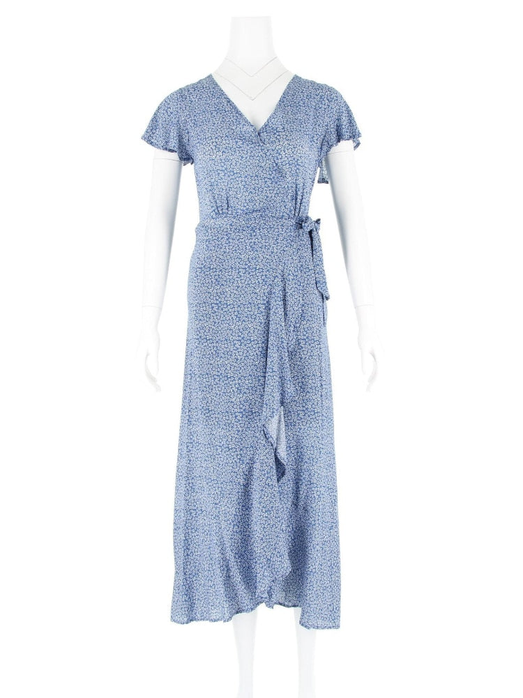nvxiot New In Dresses Summer Dress for Women 2023 V-neck Floral Short Petal Sleeve Long Dress Beach Dress Women Clothing Streetwear