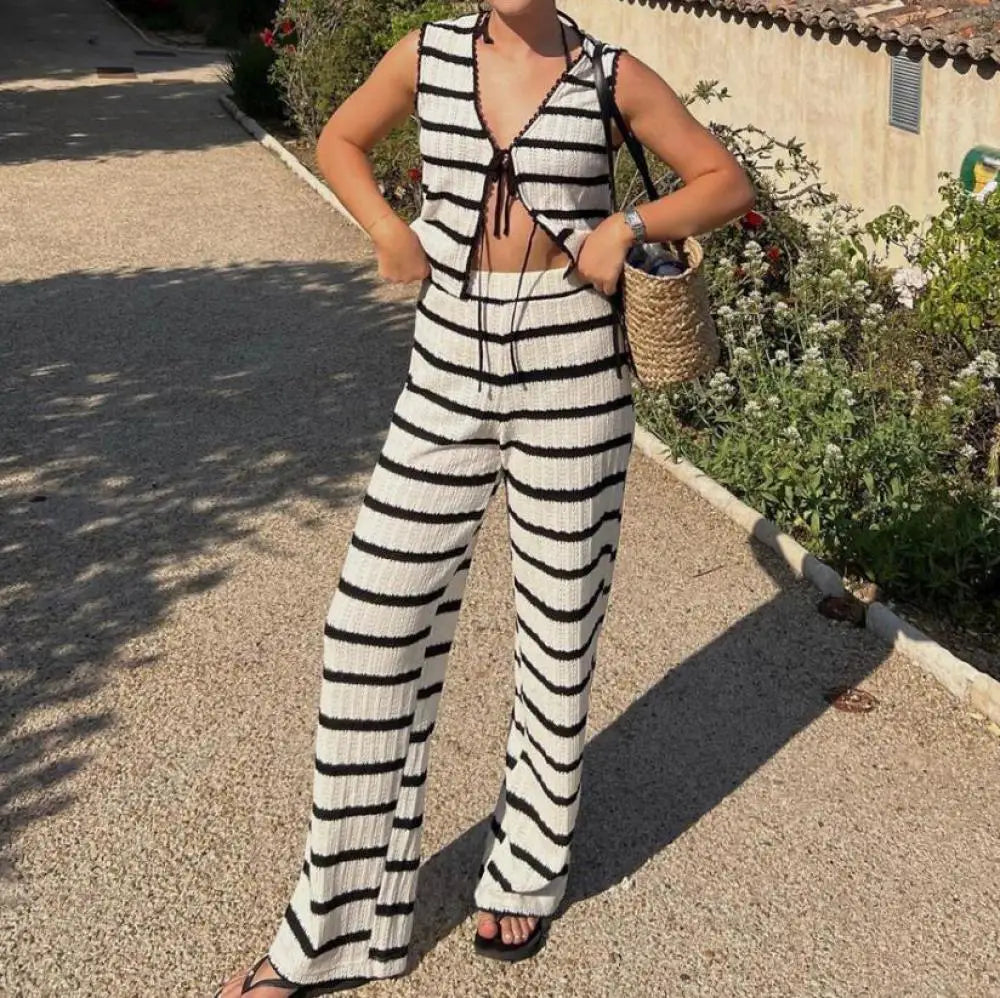 MQTIME - Women Fashion Knitted Striped Waistcoat Pants Set V Neck Front Tie Sleeveless Vest Tank Tops Elastic Waist Trousers Streetwear