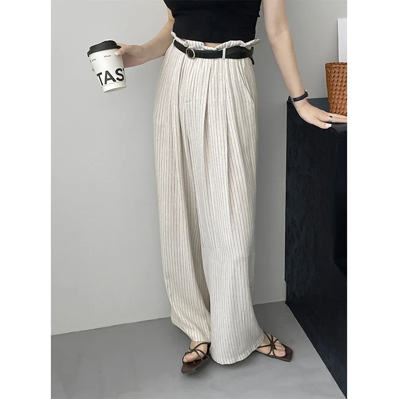 nvxiot - Stripe Linen Cotton Long Pant Women High Waist Wide Leg Pants