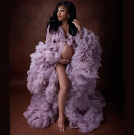nvxiot - Pearl Tulle Maternity Dress for Photoshoot Long Puffy Sleeve Off Shoulder Babyshower Bridal Pregnancy Gowns