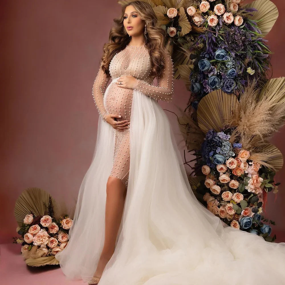 nvxiot - Sexy Pregnant Dress Transparent Tulle Pearl Maternity Photography Props Mesh Dress Shooting Photo Pregnancy Women Clothes