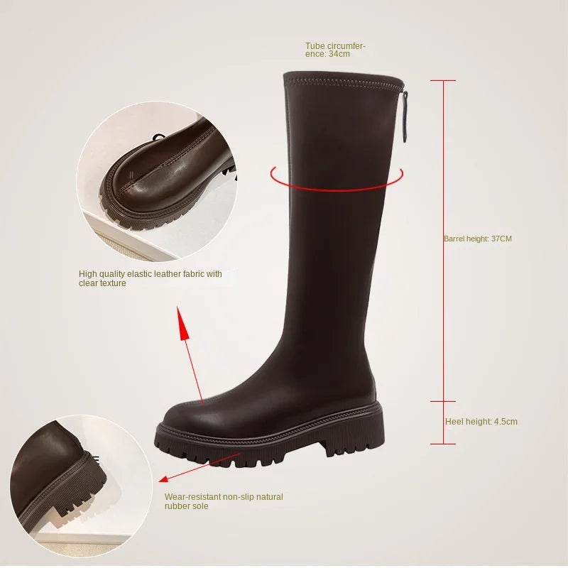 nvxiot - Women's Long Boots Autumn/Winter Thick Sole Round Toe Fashion Versatile Inner Heightening British Brown Knight Boots Women