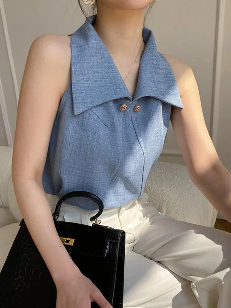 MQTIME - Temperament Lapel Blouse Women Sleeveless Off Shoulder Blue Shirts Office Lady Formal Elegant Fashion Tops Summer Chic