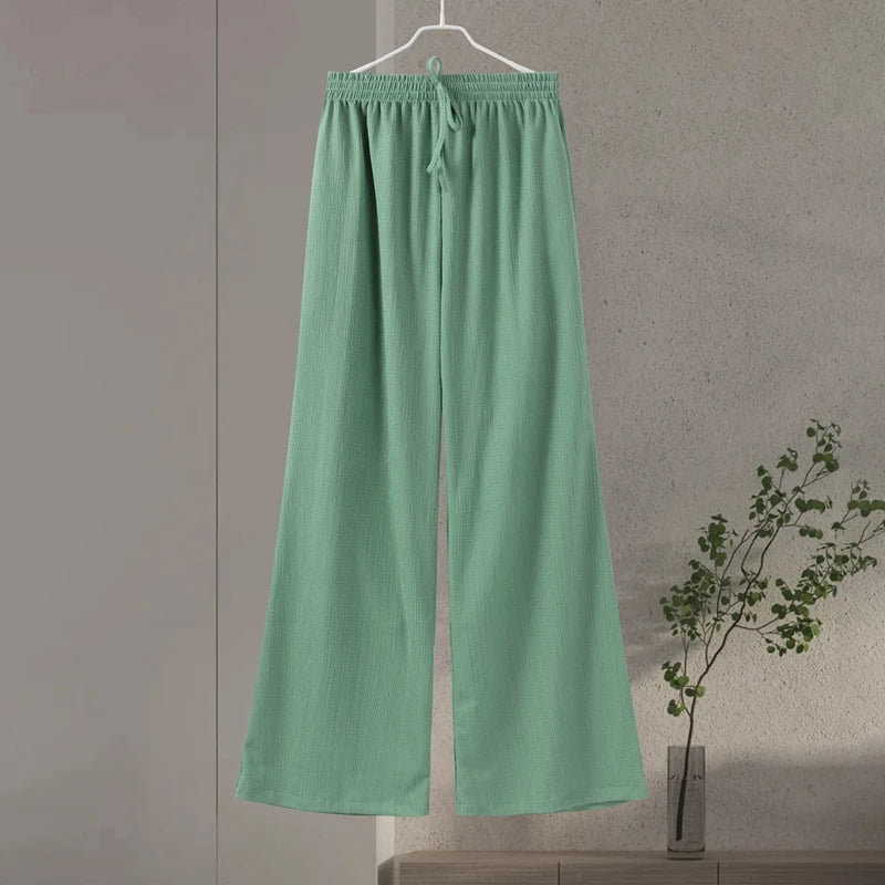MQTIME - Casual Green Print Shirts Set Women Loose Single Breasted Blouses Pleated Drawstring Wide Leg Pants 2024 Summer Lady Outfit