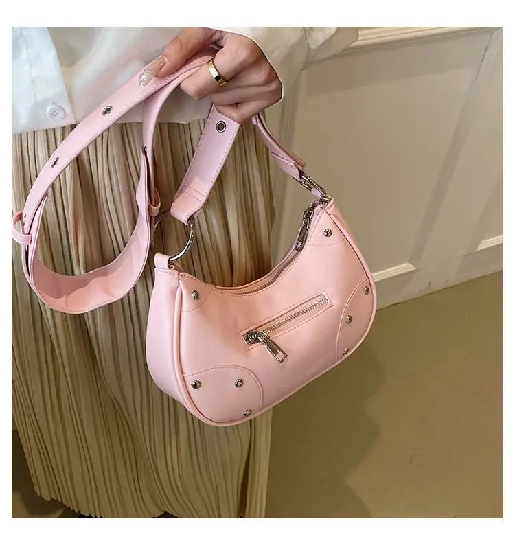 nvxiot - Y2k Grunge Rivet Hobos Bags Women 2023 Hot Girls Soft Chic Casual Crossbody Bags Female Vintage Harajuku Pink Handbags